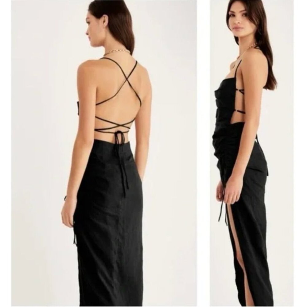 Rumer LouLou Black Strappy Back Ruched Maxi Dress w/ Side Slit NWT - M - Picture 3 of 15